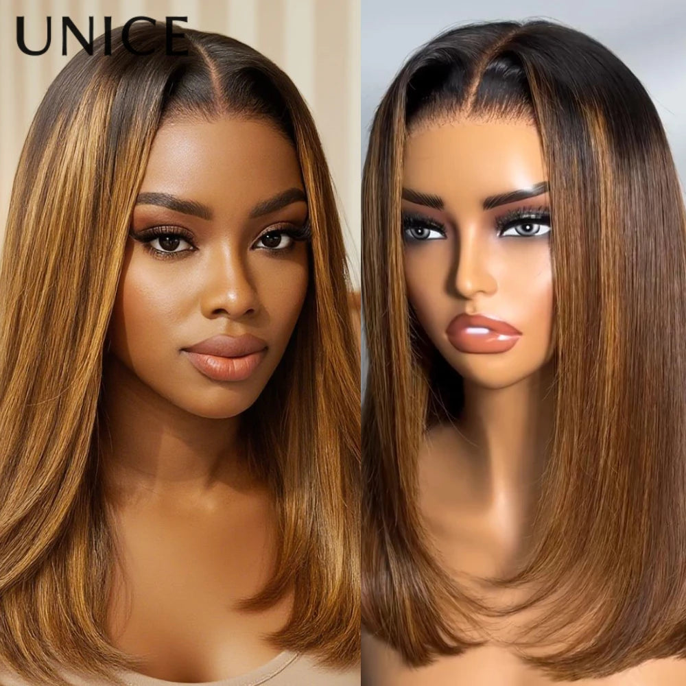 UNice Brown With Blonde Piano Highlights Blunt Bob Wig With Dark Roots Pre Everything 7x5 13x4 Lace Frontal Human Hair Wigs