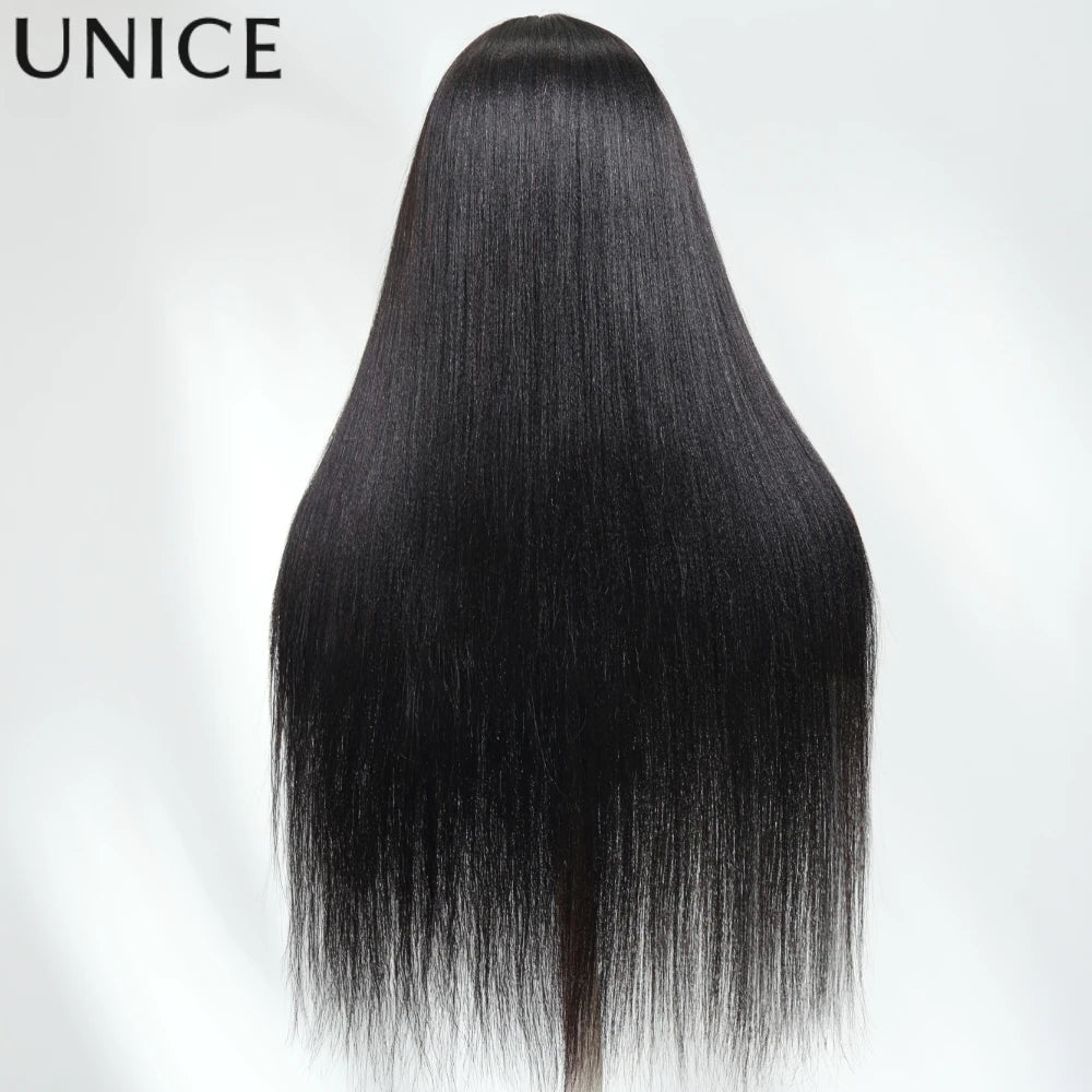 Unice Hair Layered Cut Yaki Straight Human Hair Wig With Bangs Full Machine Made Wig 150% Density