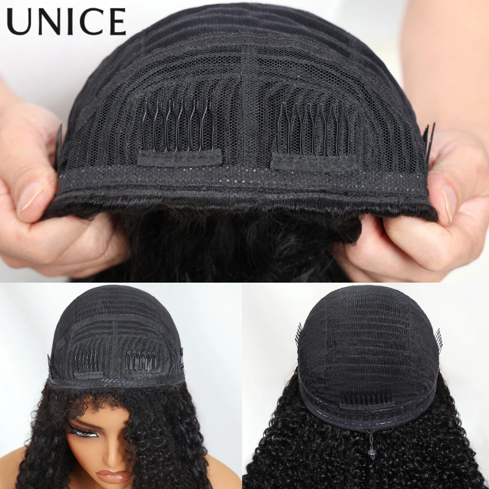 UNice Hair Chestnut Brown Ombre Kinky Curly Half Wigs With 4C Edges & Invisi Drawstring 100% Human Hair Glueless Flip Over Wig