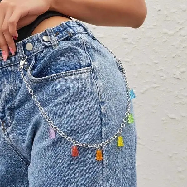 Doulbe Layered Pink Color Strawberry Resin Chain Keychains Women Girls Hip Hop Waist Chain Pants Trousers Chain Bohemian Jewelry