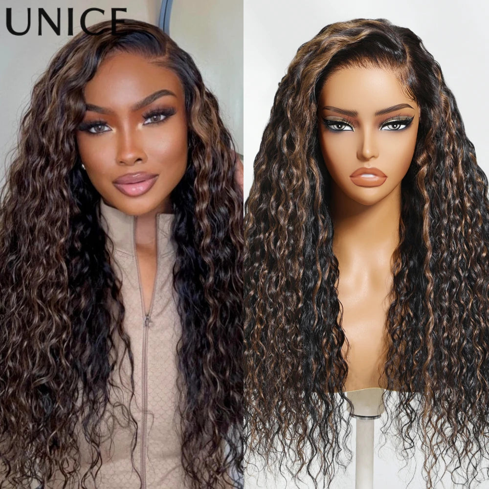 Unice Hair Water Wave Wig With Golden Brown Highlights 7x5 Pre Cut Pre Bleached Glueless Human Hair Lace Front Wig 150% Density