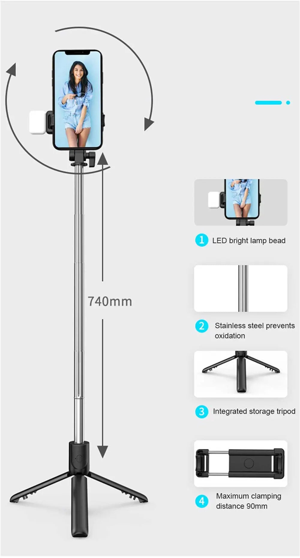 Portable Wireless Bluetooth Selfie Stick Tripod With LED Light Bluetooth Remote Foldable Tripod For Smartphone Video Live Holder