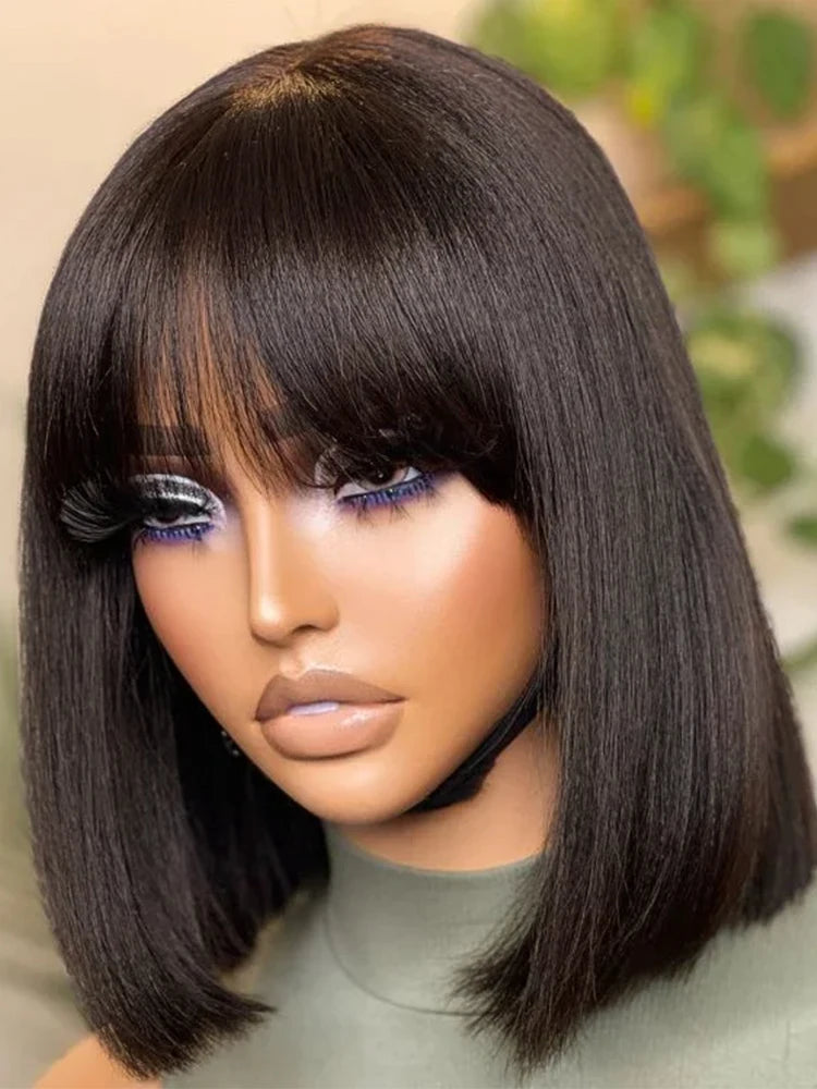 Ali Grace Short Bob Wig With Bang #2 Color Bone Straight Human Hair Wigs For Women Full Machine Made Fringe Wigs Wig Dark Brown