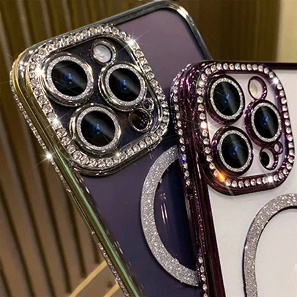 New Fashion Glitter Diamond Transparent Case For iPhone 16 15 14 13 17 12 Pro Max 16 Plus Magnetic Wireless Charge Bumper Cover