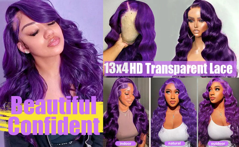 Premium Dark Purple Body Wave Wig - 13x4 HD Lace Front Human Hair Wig 200% Density Brazilian Remy Hair