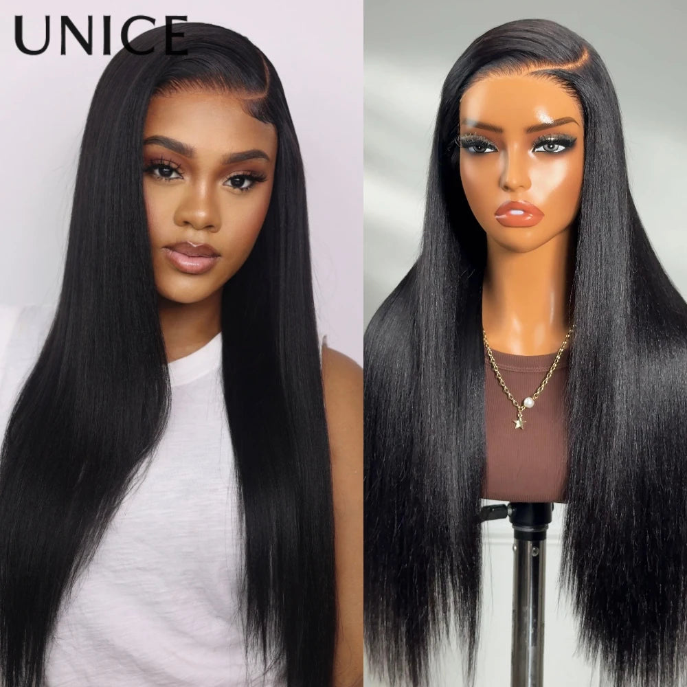 UNice Hair Natural Color Yaki Straight Human Hair Wig Pre Cut Pre Bleached 7x5 Lace Glueless Wig & V Part Wig 150% Density