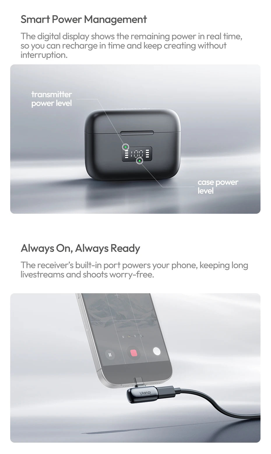 Ulanzi A200 Mini Mic 48kHz/24bit 100m Wireless Range SNR 75dB for Livestreaming Street Interviews Vlogging Wedding Videography