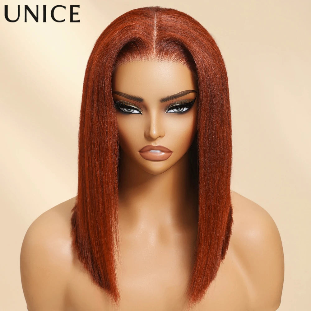 UNICE Hair Reddish Brown 7x5 Yaki Straight Bob Wig Human Hair Pre Cut Pre Bleached Glueless Wig 150% Density