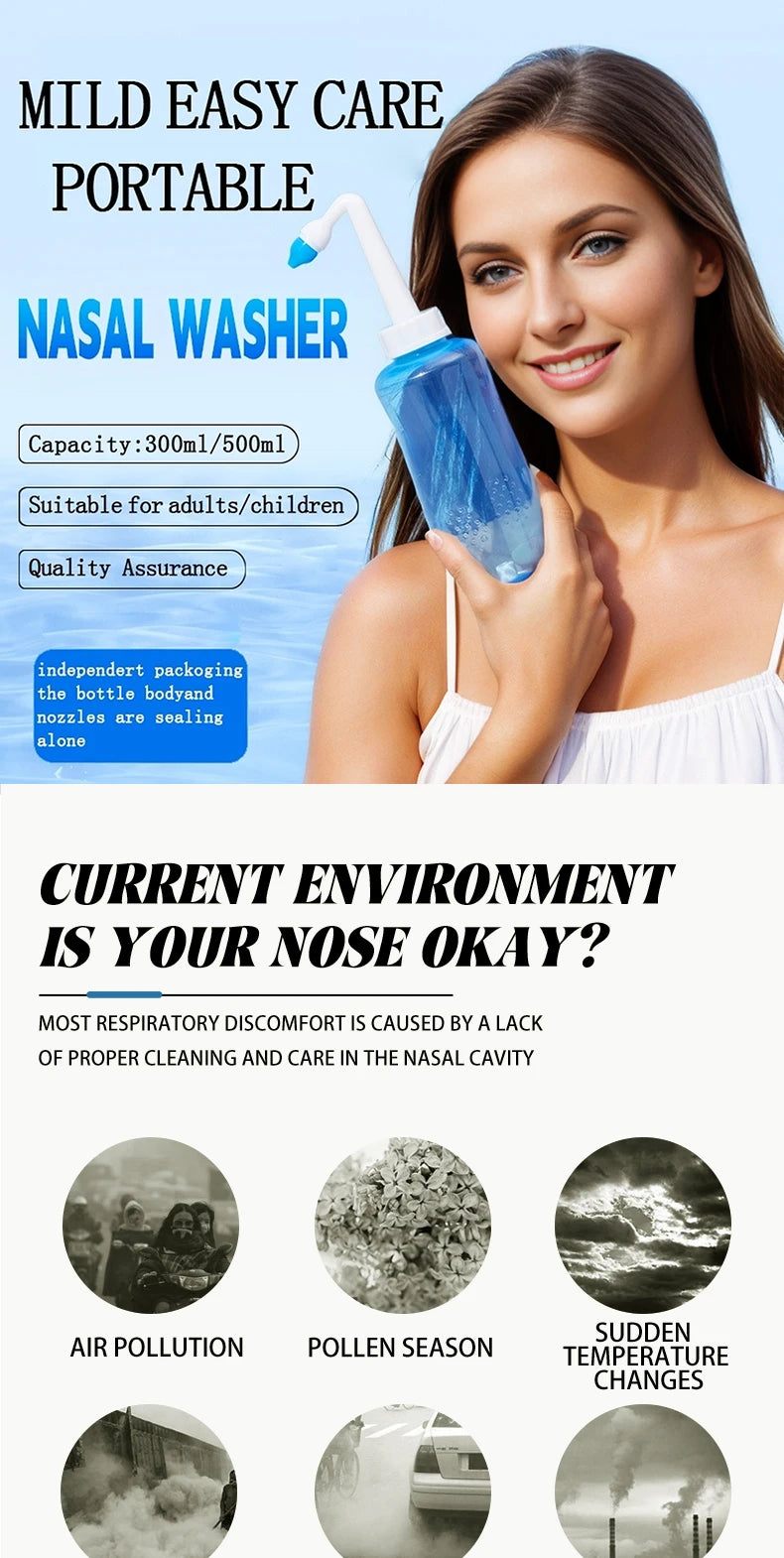 Nose Wash Cleaner Nasal Irrigator Rinse Bottle Nose Protector Avoid Allergic Rhinitis Adults Children Neti Pot 300ML 500ML