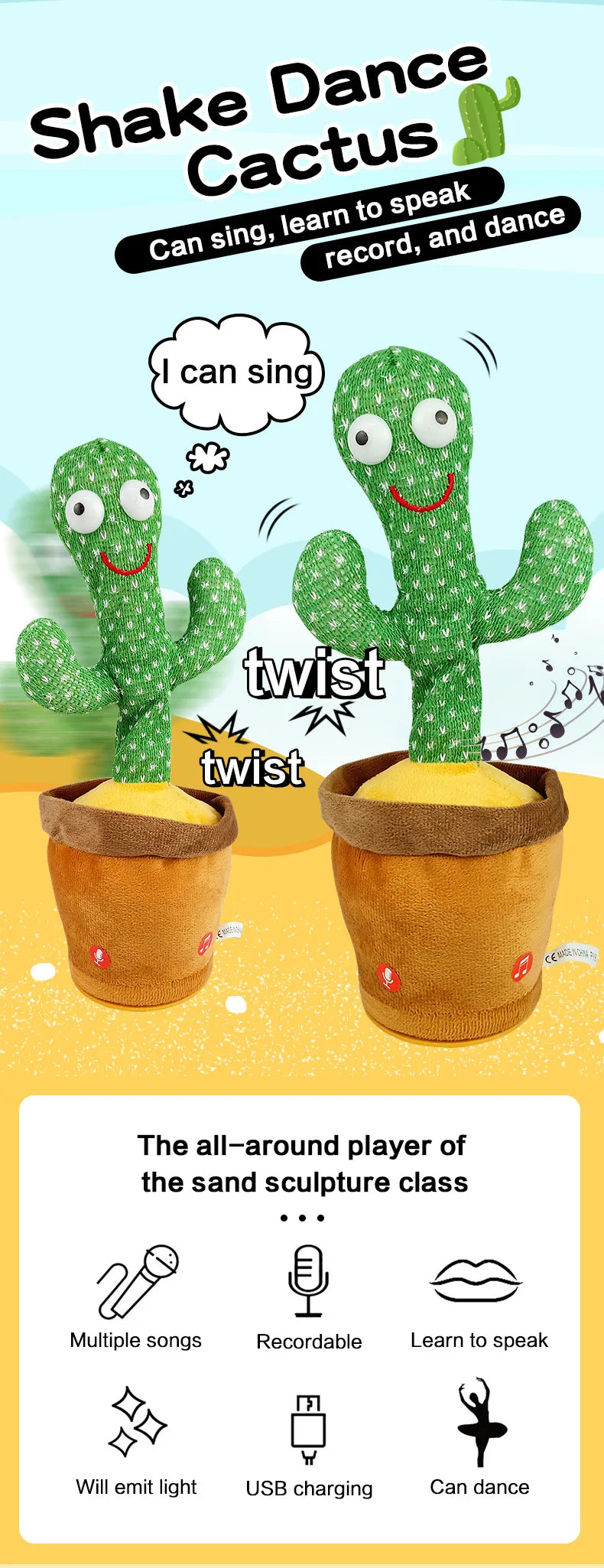 Dancing Talking Cactus Toys Singing Mimicking Recording Repeating What You Say Glow Stuffed Toy For Baby Boys Girl With clothing