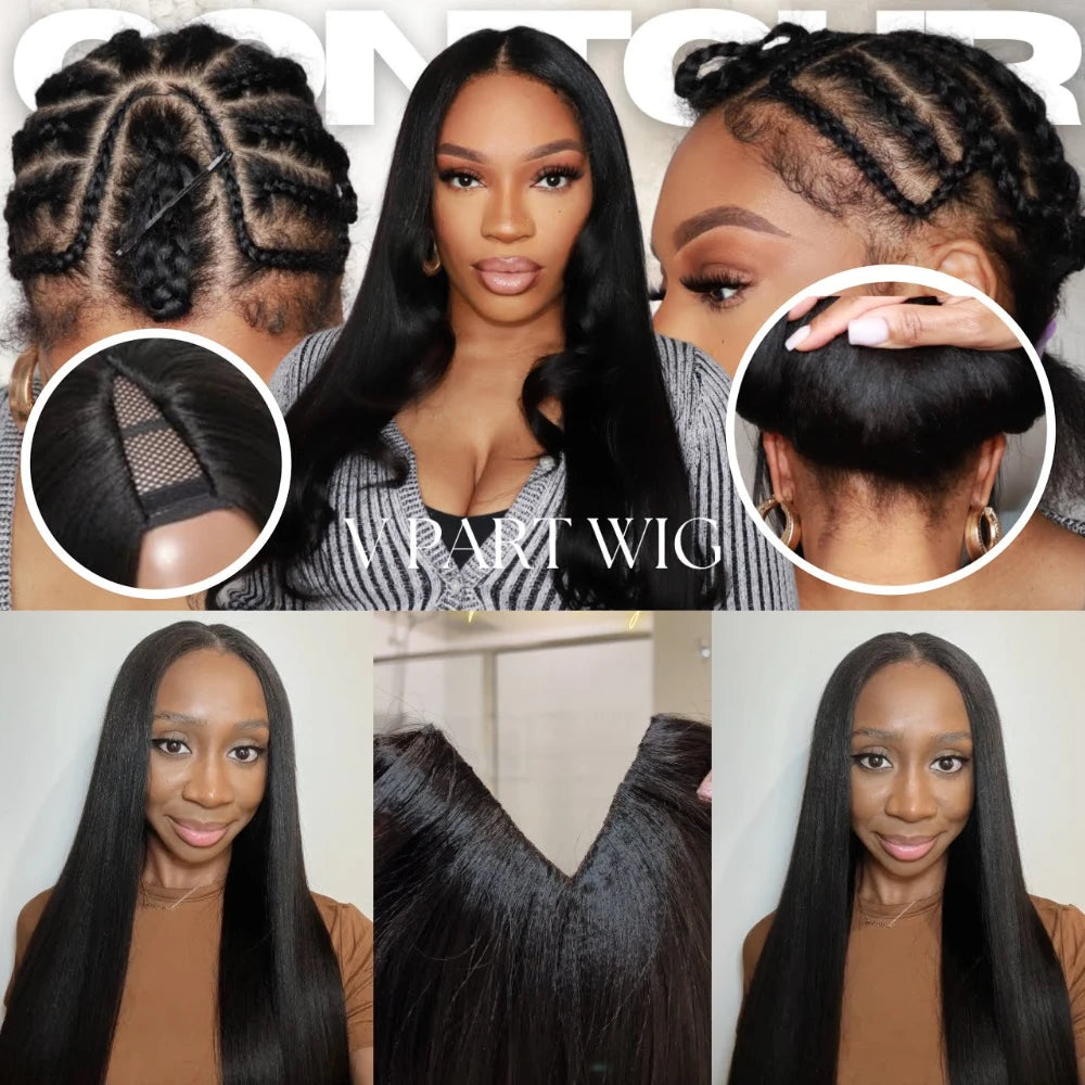 UNice Hair EasiContour V Part Wig 100% Human Hair Yaki Straight Wig With Invisible Drawstring Most Natural Upgraded V-Part Wig