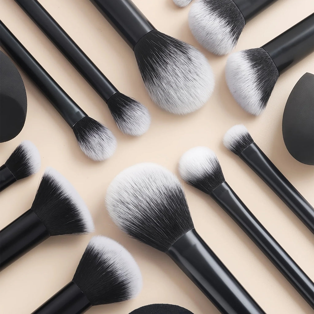 12-Piece Classic Full Makeup Brush Set with Angled and Teardrop Blenders, 1 Powder Puff - Professional Application Tools, Nylon