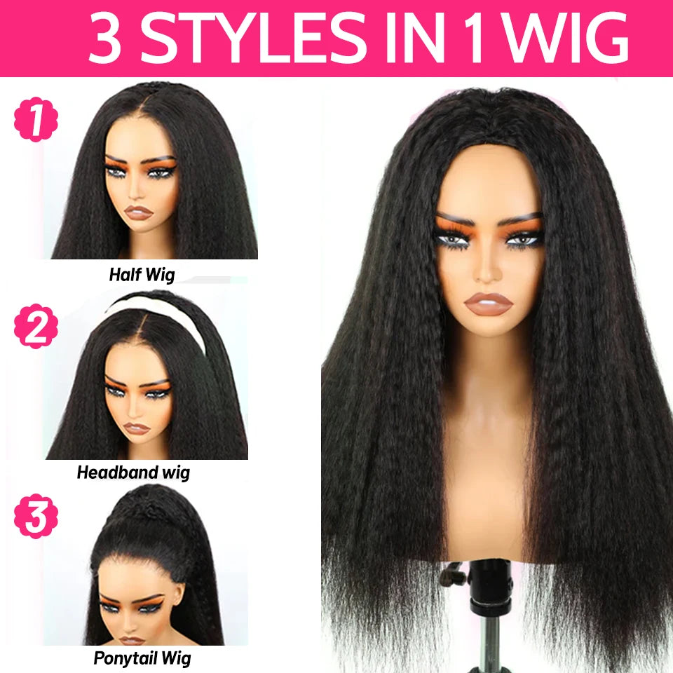 ISEE Hair Half Wigs Kinky Straight Glueless Wigs Human Hair Upgrade 3 IN 1 Half Wig With Drawstring Seamless Clip Ins Flip Over