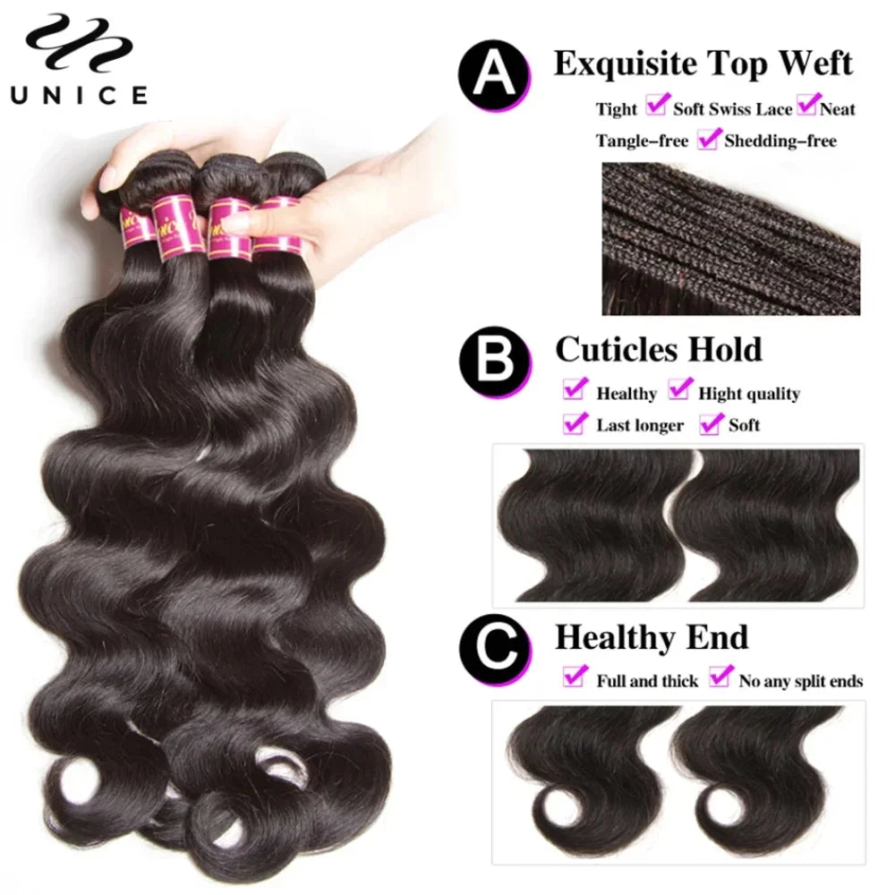 UNICE Hair Body Wave Human Hair Bundles 2/3/4 PCS With 13x4 Lace Frontal / 4X4 Lace Closure / 5x5 HD Lace Closure