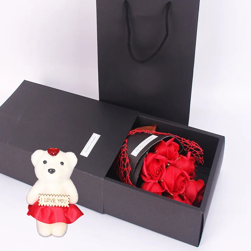 7 Heads Artificial Rose Bouquet Little Bear Gift Box Handmade False Flower Bouquet Mother's Day Birthday Party Gifts Home Decor