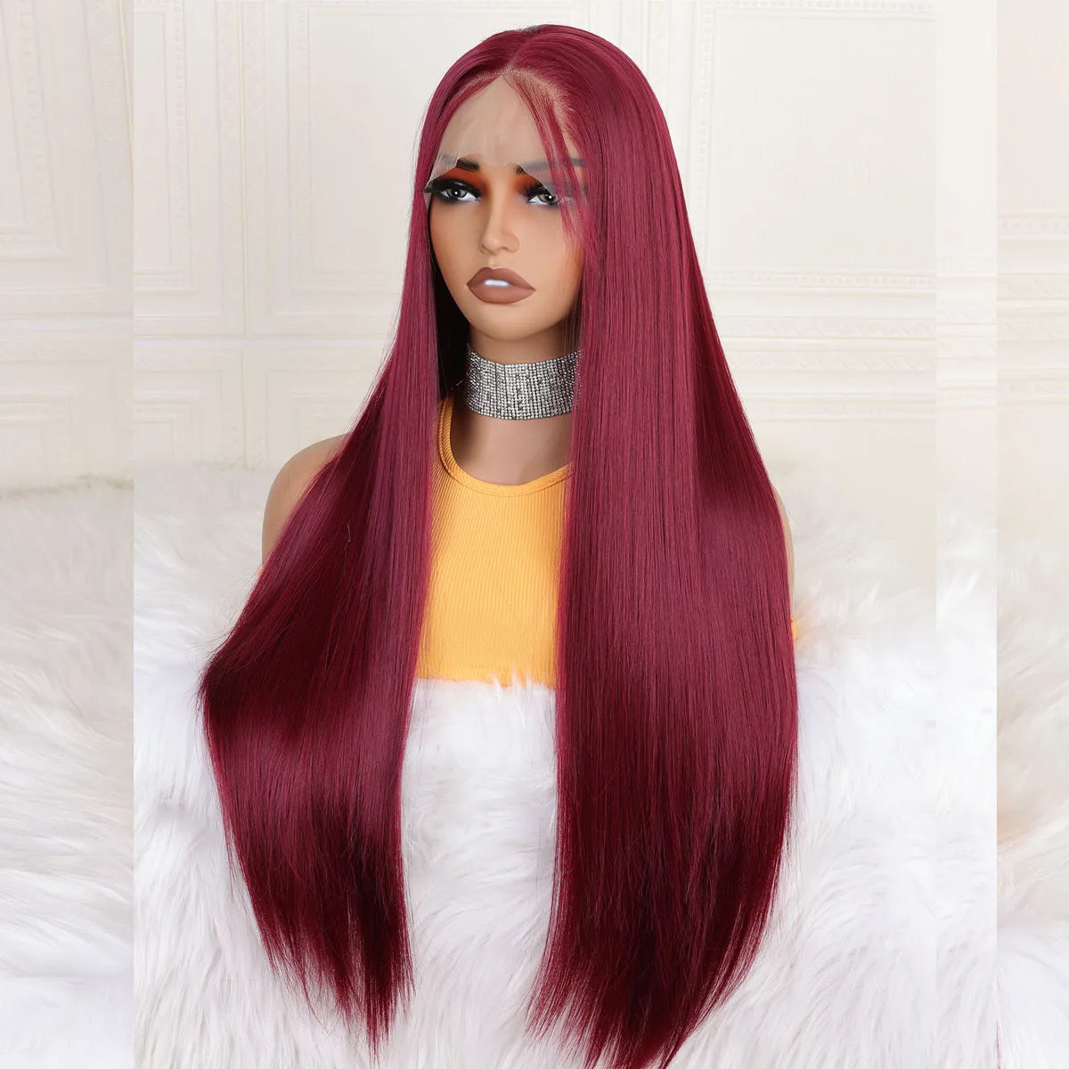 Premium Burgundy Lace Front Wig 26 Inch - 99J Wine Red Straight Synthetic Wig with Baby Hair | Glueless Pre-Plucked 180% Density