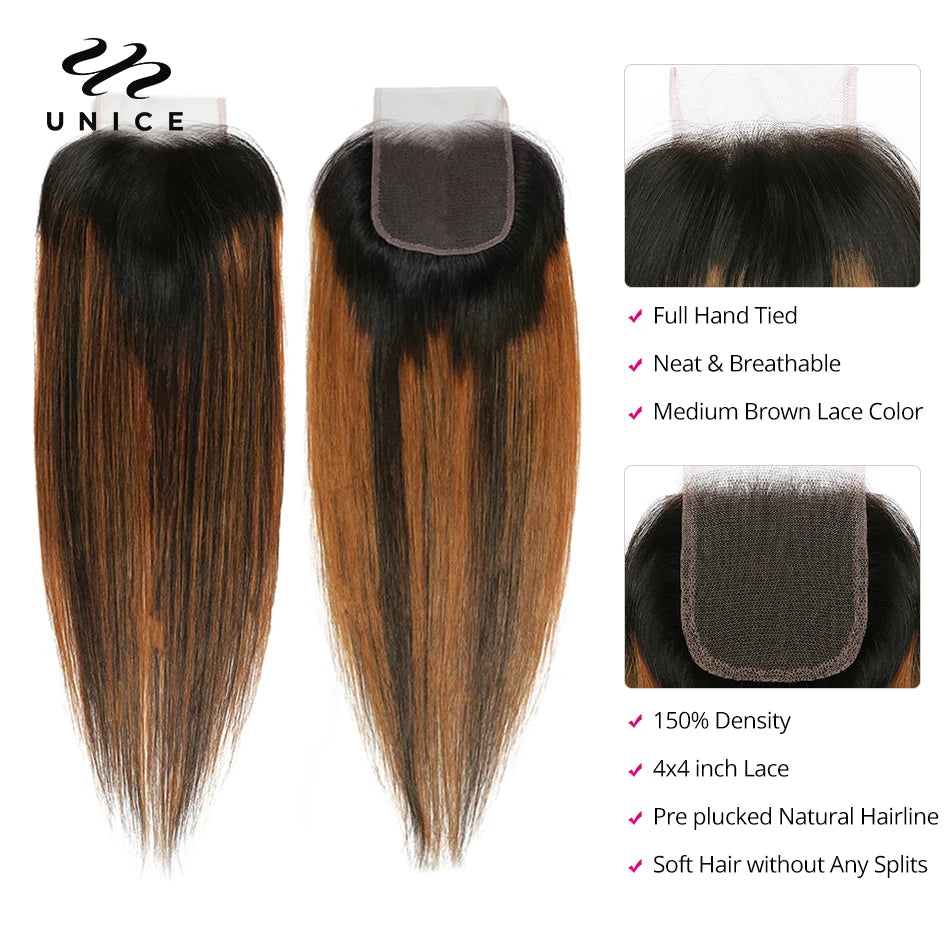 UNICE Brown Balayage Straight Human Hair Bundles with Closure 2/3/4 PCS Hair Bundles With 4x4 Lace Closure Make 250% Denstiy Wig