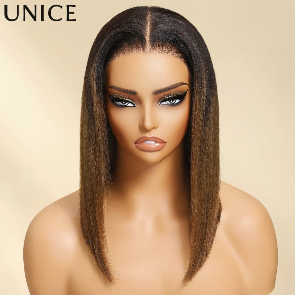 Unice Hair Chestnut Brown Yaki Straight Bob Wig 7x5 Pre Cut Pre Bleached Glueless Wig Human Hair Ready To Wear 150% Density