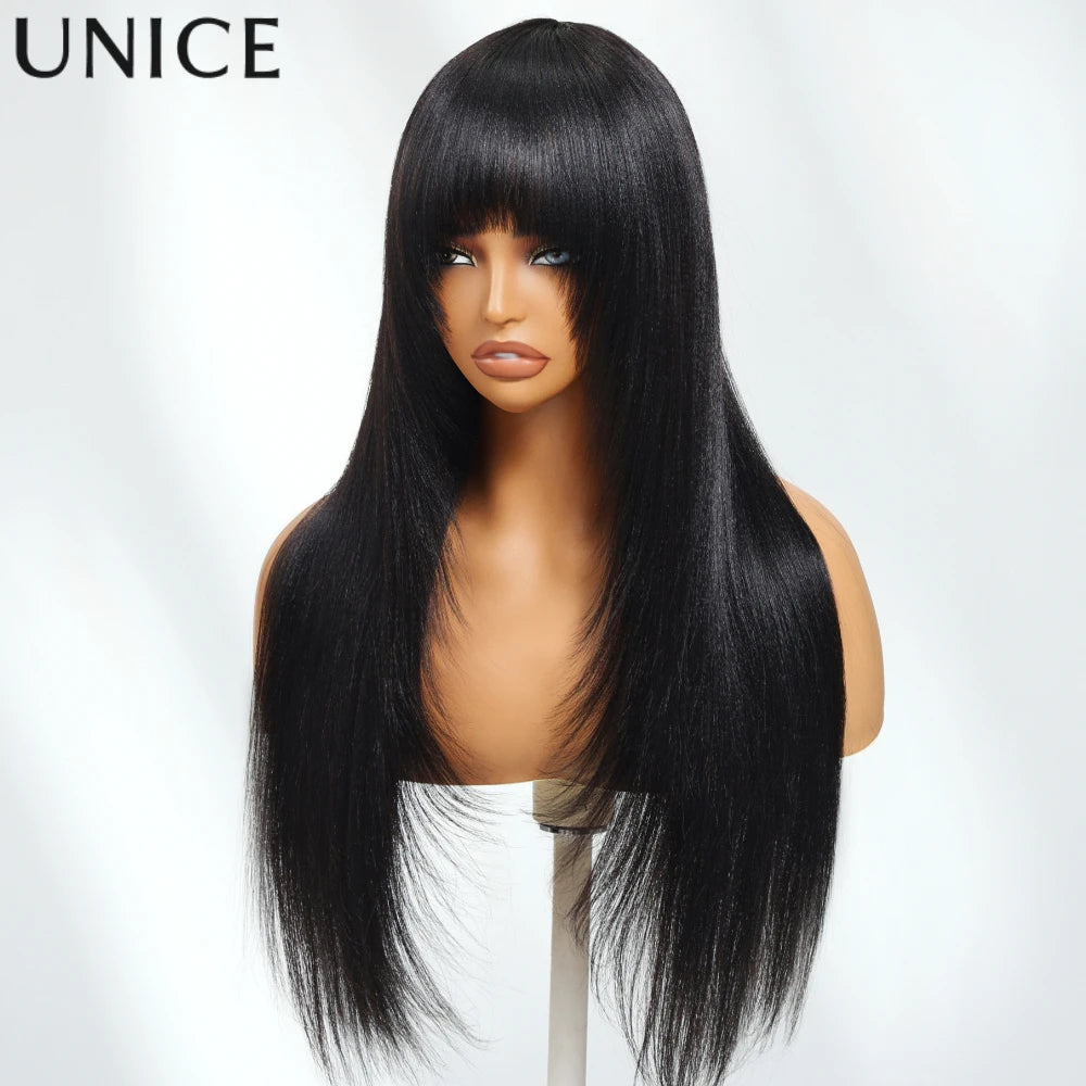 Unice Hair Layered Cut Yaki Straight Wig With Bangs 100% Human Hair Full Machine Made Wig 150% Density