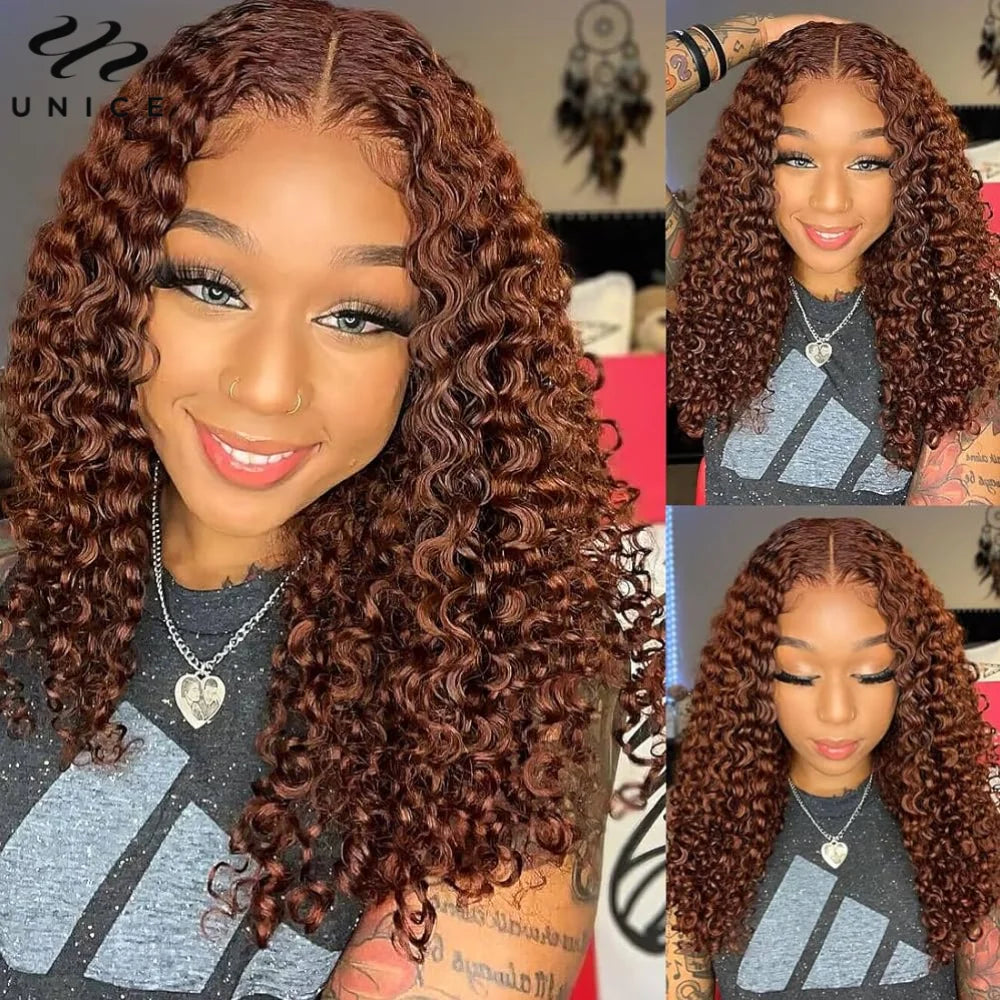 UNice Hair Bye-Bye Knots Wig Reddish Brown Curly 7x5 Glueless Wig Human Hair Pre Cut Pre Bleached Lace Front Human Hair Wigs