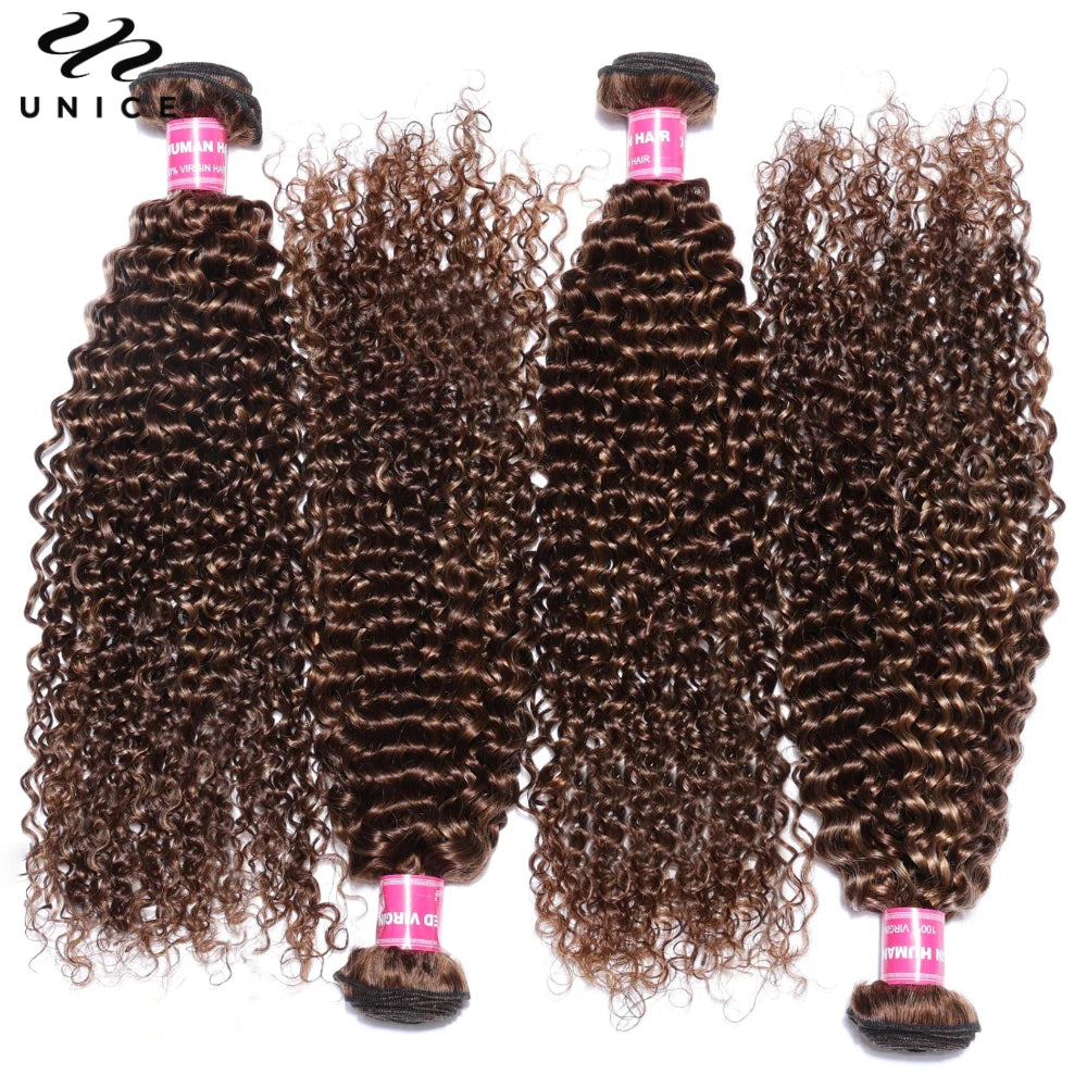 UNICE Hair TL412 Blonde Highlight Curly Hair Bundles 1/3/4 PCS Deal Pre Colored Human Hair Bundles Sew In Weaves Extentions