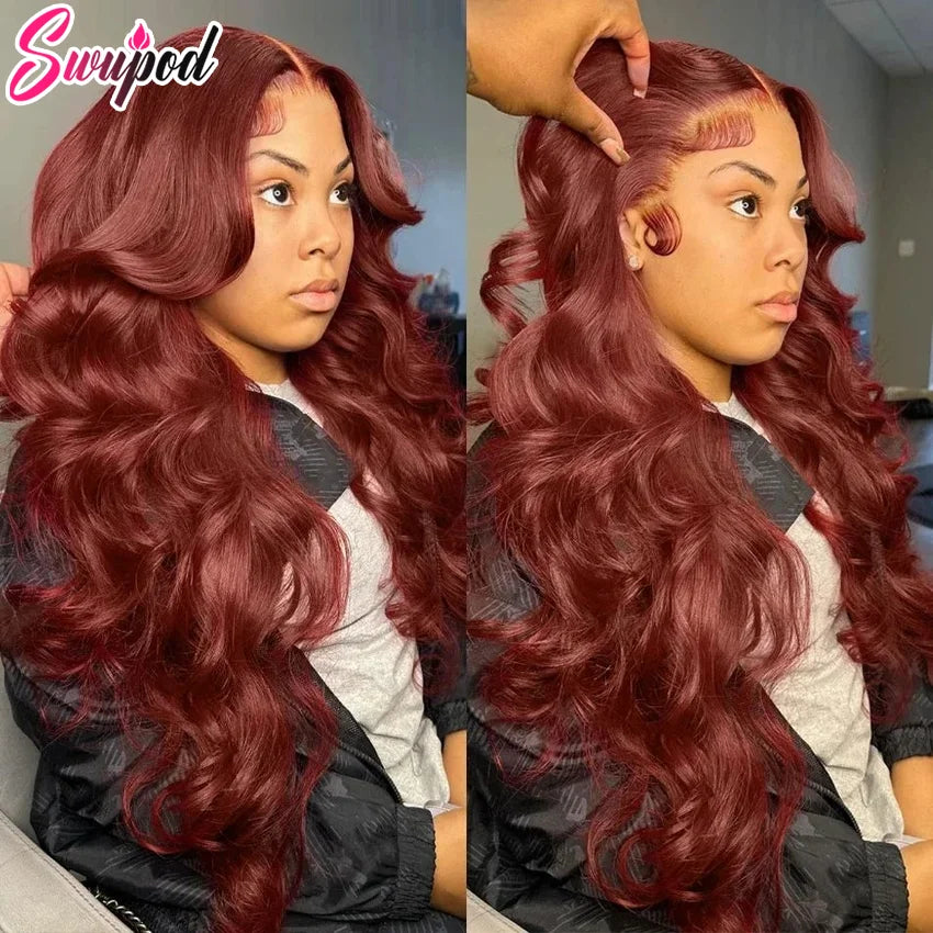 Premium 250% Density Auburn Reddish Brown Body Wave Lace Front Wig - 30-32 Inch Brazilian Human Hair HD Lace Wig