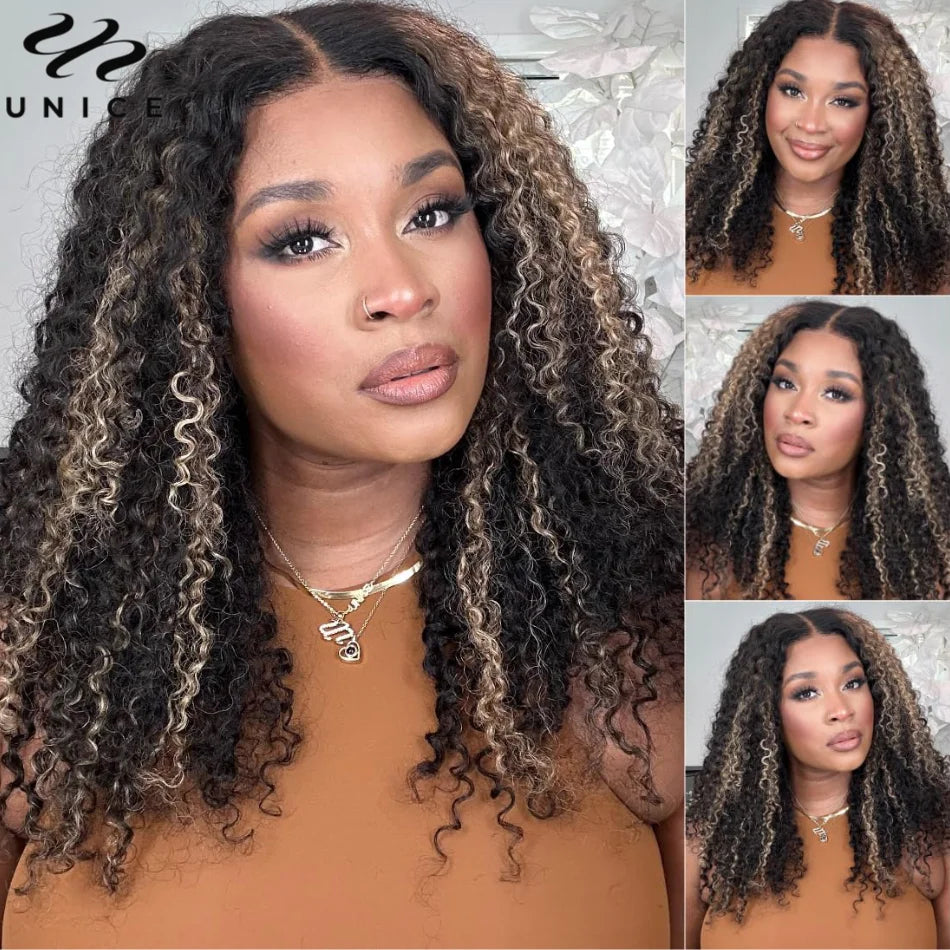 Unice Hair 200% Density Blonde Highlight Curly Wig Pre Cut 6x4.75 / 7x5 Lace Glueless Wig Human Hair Ready To Wear