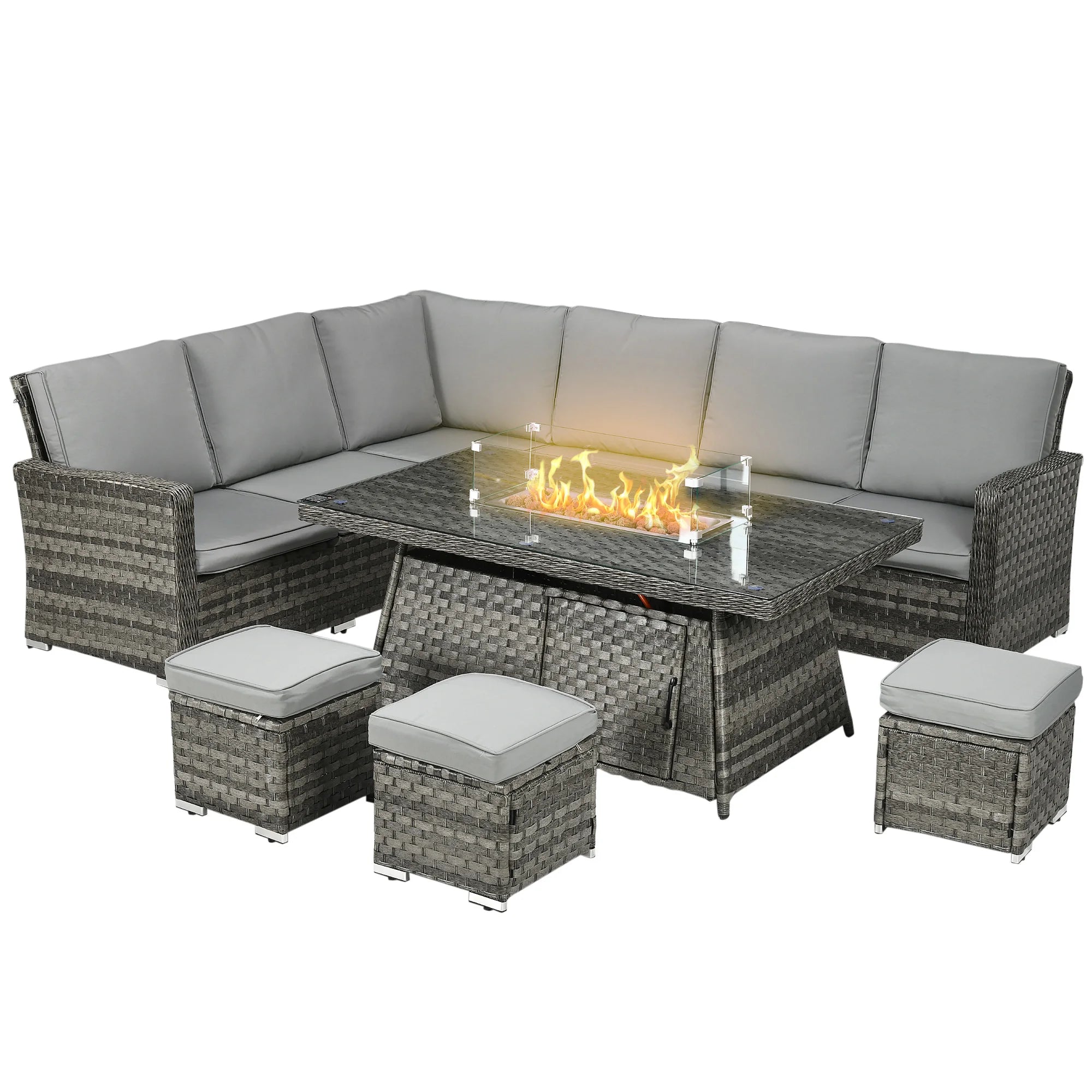 Outsunny 7 Pieces PE Rattan Garden Furniture Set, 50,000 BTU Gas Fire Pit Table, Double Corner Sofa and 3 Footstools