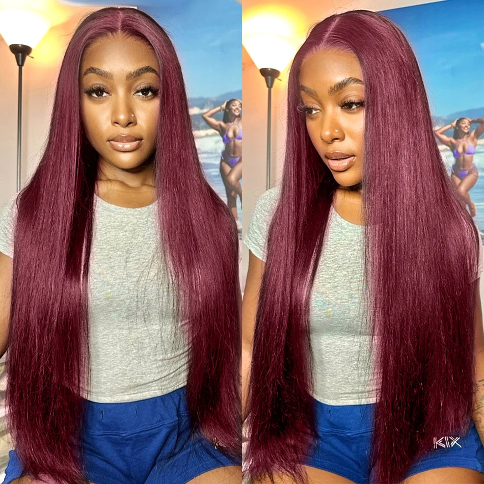 NEW 6x4 Glueless Wigs Human Hair Ready To Wear 99J Burgundy Colored Human Hair Lace Wig HD Transparent Lace Front Closure Wigs