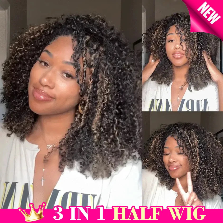 ISEE Hair Half Wig 1B/30 Highlight Brown Kinky Curly Wear Go Glueless Wigs Draw-strings Flip Over Half Curly Wig for Beginner