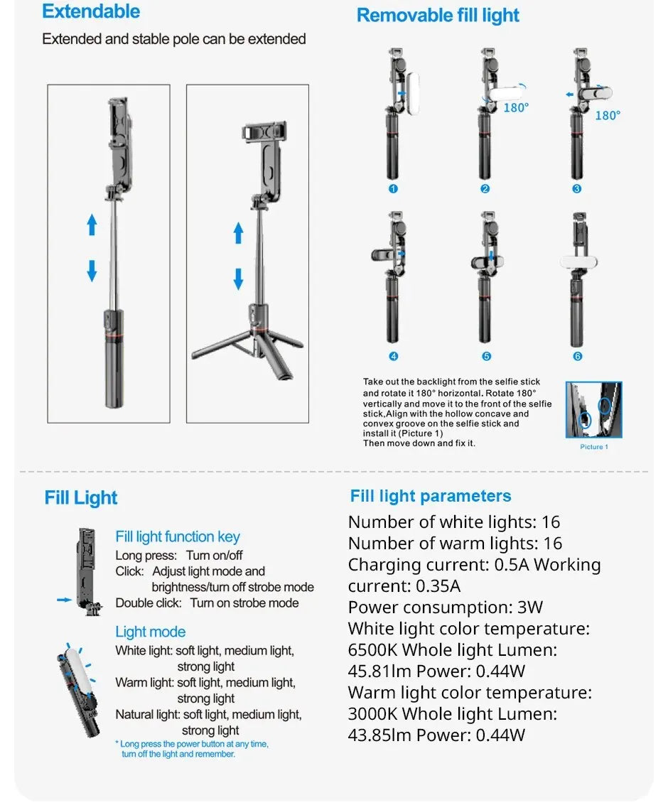 Wireless Bluetooth Selfie Stick Foldable Portable Tripods with Fill Light Shutter Remote Control For Smartphone Video Recording
