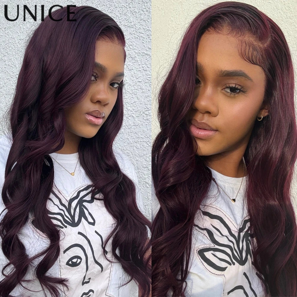 UNICE Black Cherry Loose Wave Curtain Bangs Wig With Invisi Drawstring 7x5 13x4 Pre Cut Pre Bleached Glueless Wig Human Hair