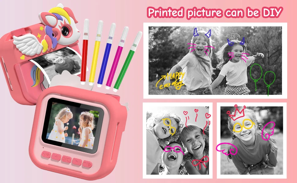 Kids Camera Instant Camera, 2.4" 12MP 1080P HD IPS Screen Printing Camera for Kids, Instant Camera with 32G Memory Card