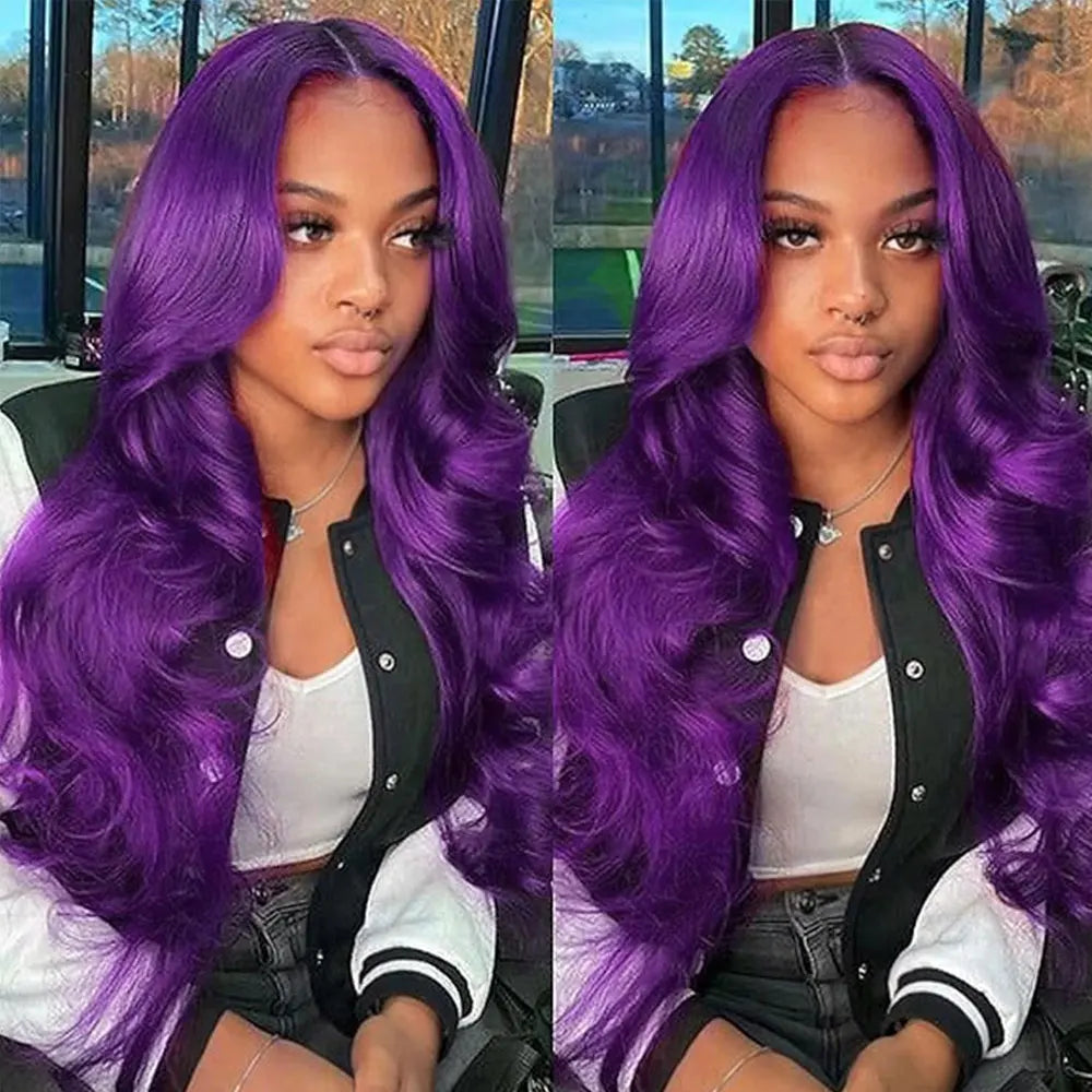 Premium Dark Purple Body Wave Wig - 13x4 HD Lace Front Human Hair Wig 200% Density Brazilian Remy Hair