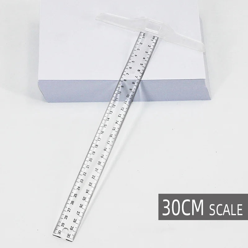 1Pc T-shaped Double Side Scale Ruler Drafting Drawing Tool Plastic School Office Supplies Stationery Accessory 30cm (Inch, Cm)
