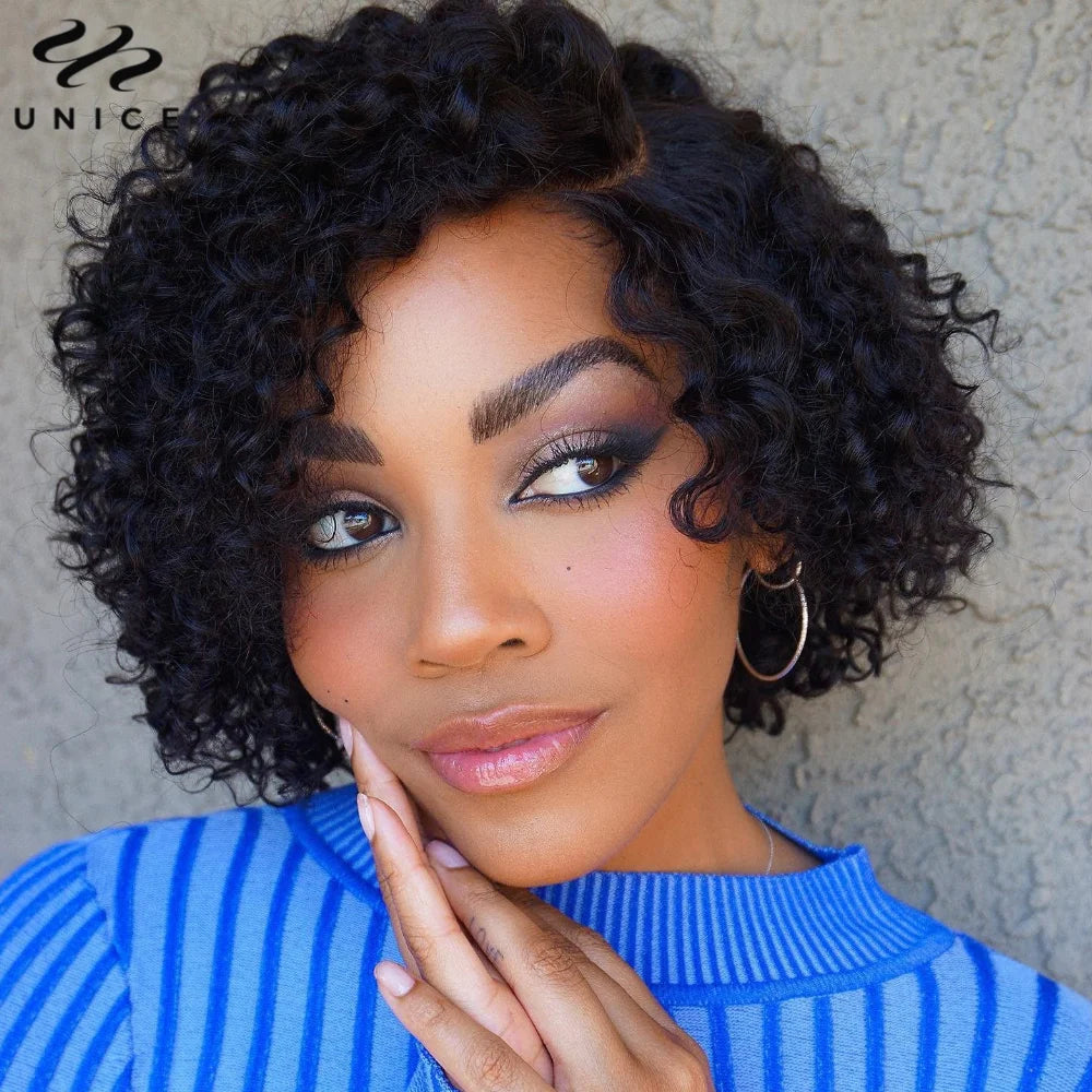 UNice Hair Short Curly Bob Wig Human Hair 7x5 Pre Cut Pre Bleached Pixie Cut Lace Closure Wig Ready To Wear Go Glueless Wig