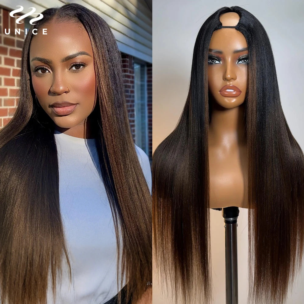 Unice Hair EasiContour Yaki Straight V Part Wig 100% Human Hair Clip In Half Wig No Glue Mini Leave Out Wig Read To Wear Go