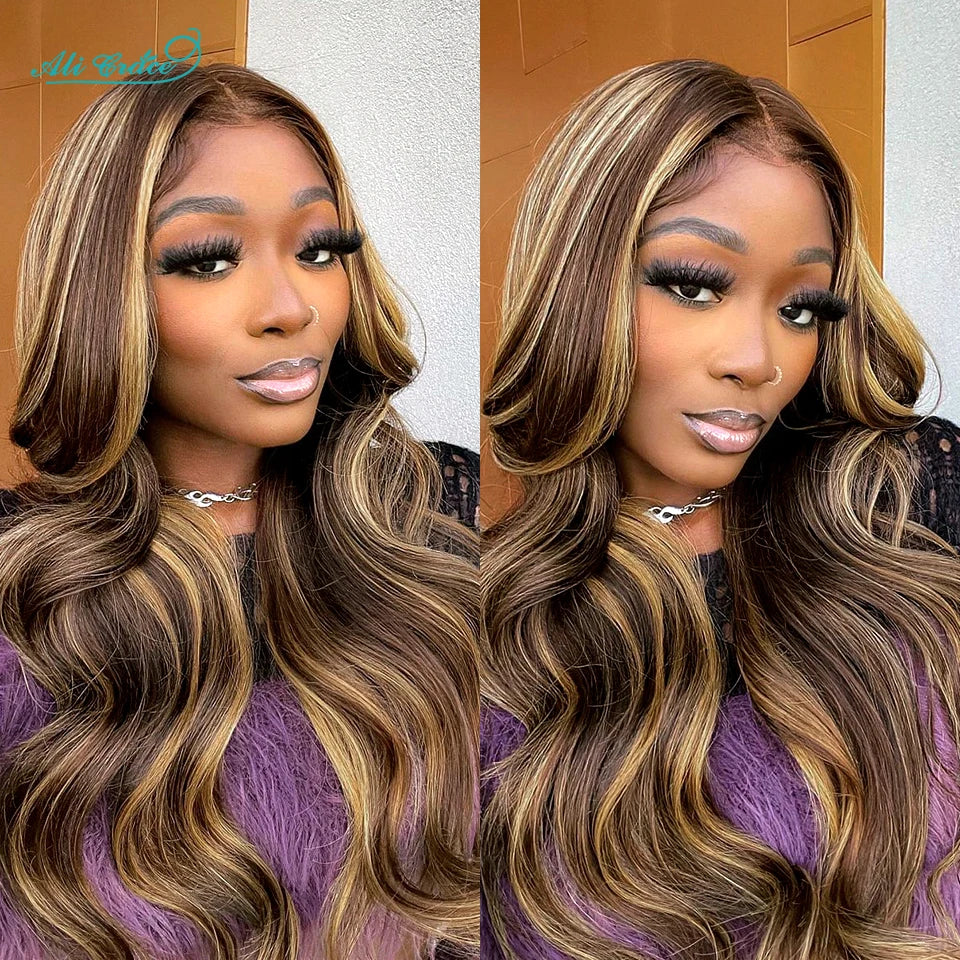 Ali Grace Body Wave Lace Front Human Hair Wigs Highlight Brown Body Wave 4x4 Lace Closure Wig 13x4 Lace Front Wigs for Women