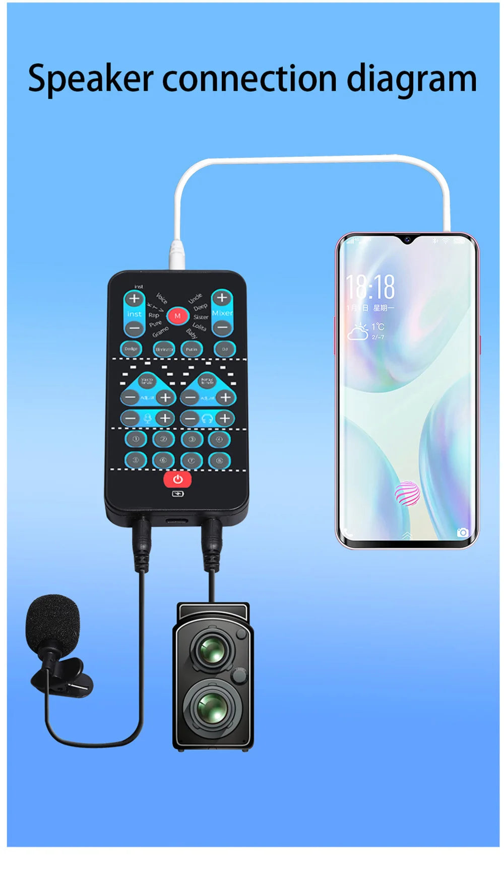 M10 Voice Changer Device Karaoke Function Male Female Voice Switch Universal Portable Sound Changer Card Fine Tuning for Live