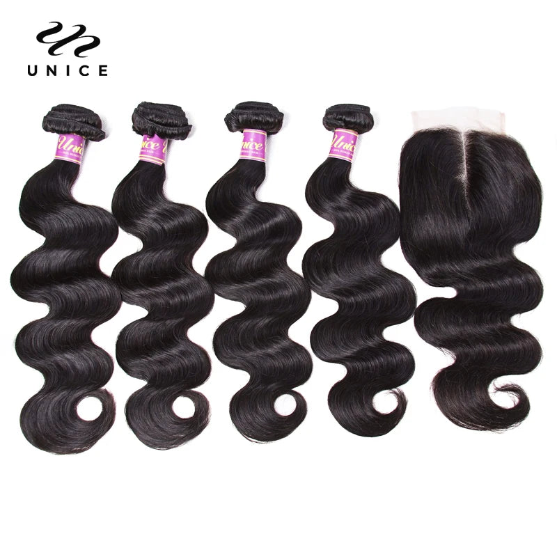 UNice Hair Virgin Human Hair 4 Bundles with Closure Peruvian Body Wave with Closure Human Hair Lace Closure with Bundles