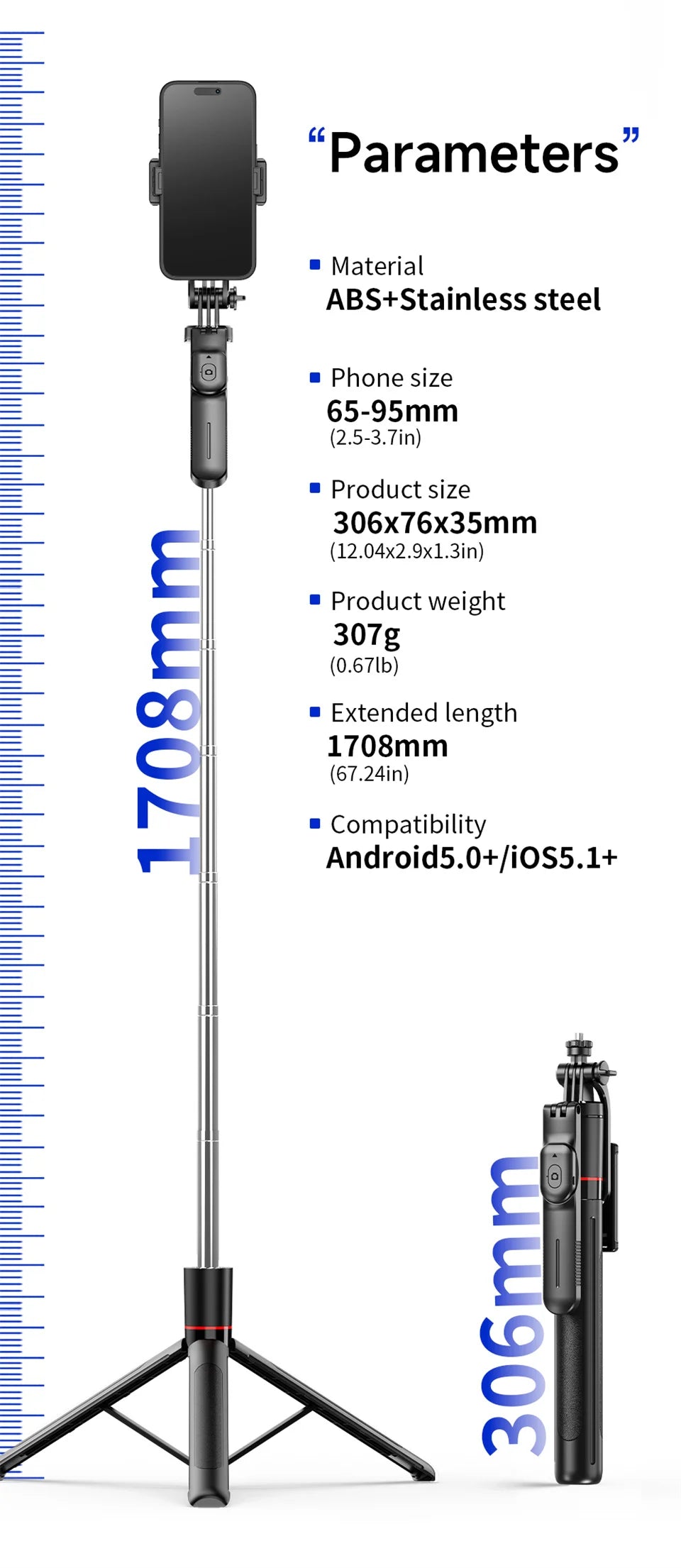 FANGTUOSI New 1.7M Wireless Selfie Stick Tripod Foldable Stand For Gopro Action Cameras Smartphones Balance Steady Shooting Live