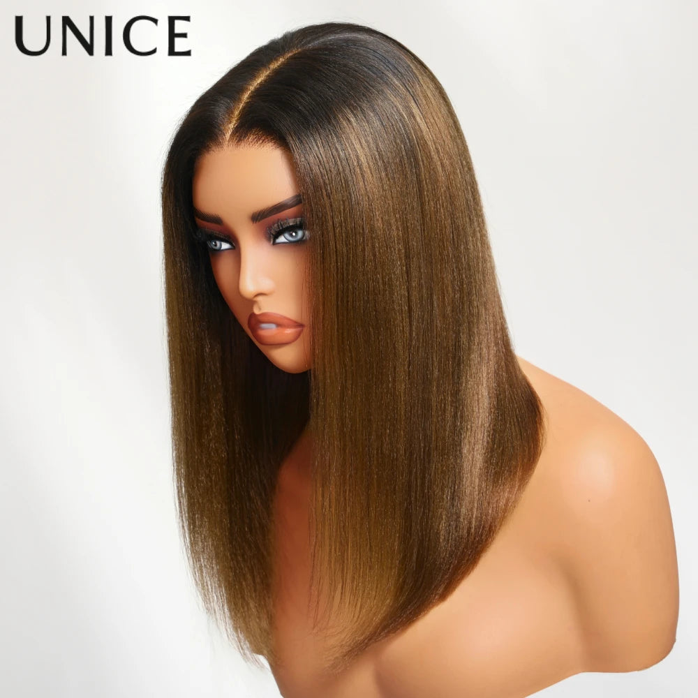 Unice Hair Chestnut Brown Yaki Straight Bob Wig 7x5 Pre Cut Pre Bleached Glueless Wig Human Hair Ready To Wear 150% Density