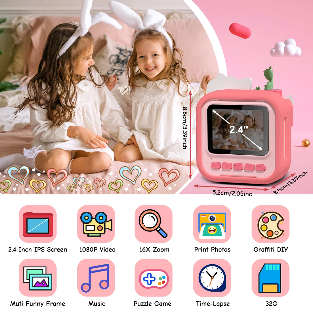 Kids Camera Instant Camera, 2.4" 12MP 1080P HD IPS Screen Printing Camera for Kids, Instant Camera with 32G Memory Card