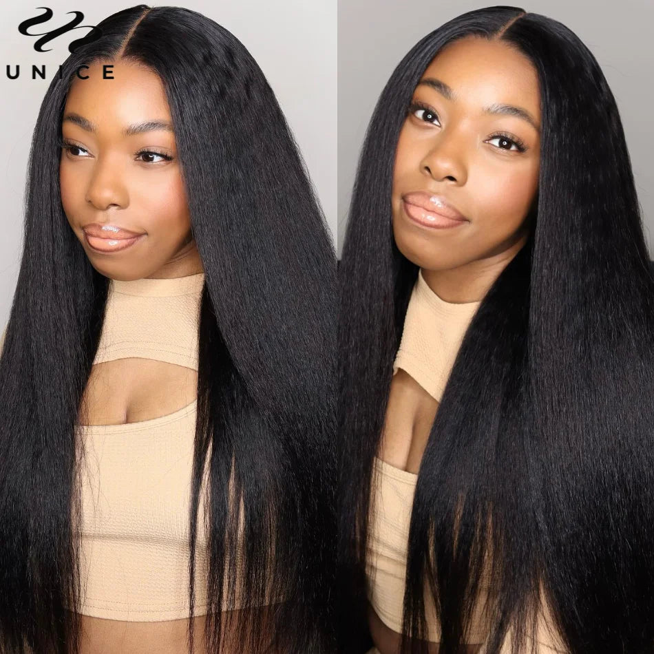 UNice Pre Everything 13x4 Lace Front Kinky Straight Human Hair Wigs Pre Cut Pre Bleached Pre Plucked Lace Frontal Wigs