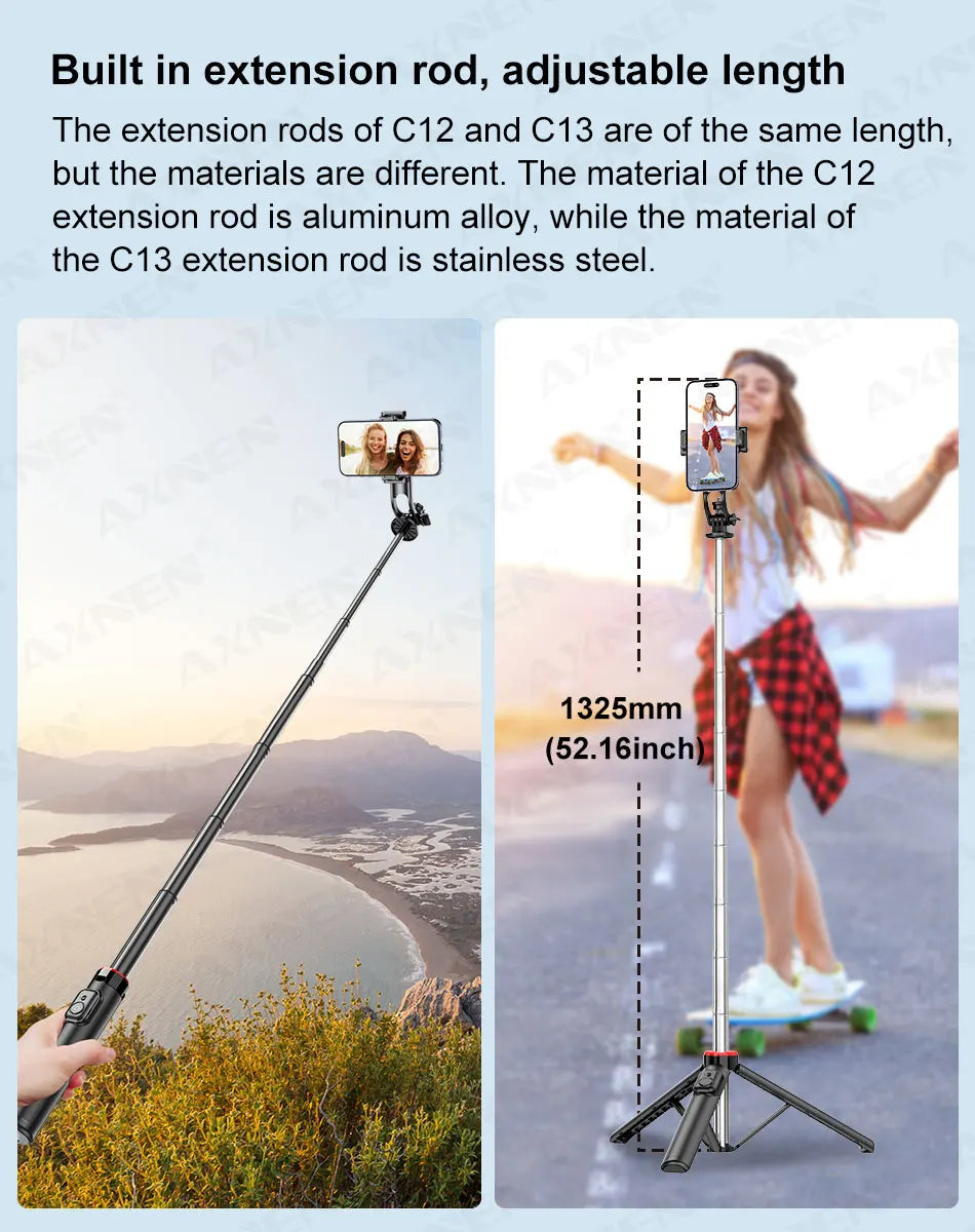 AXNEN Mobile Phone Tripod C12/C13 Tipods for Cellphone Gopro Action Camera, 1325mm Stand with Wireless Bluetooth Remote for Live