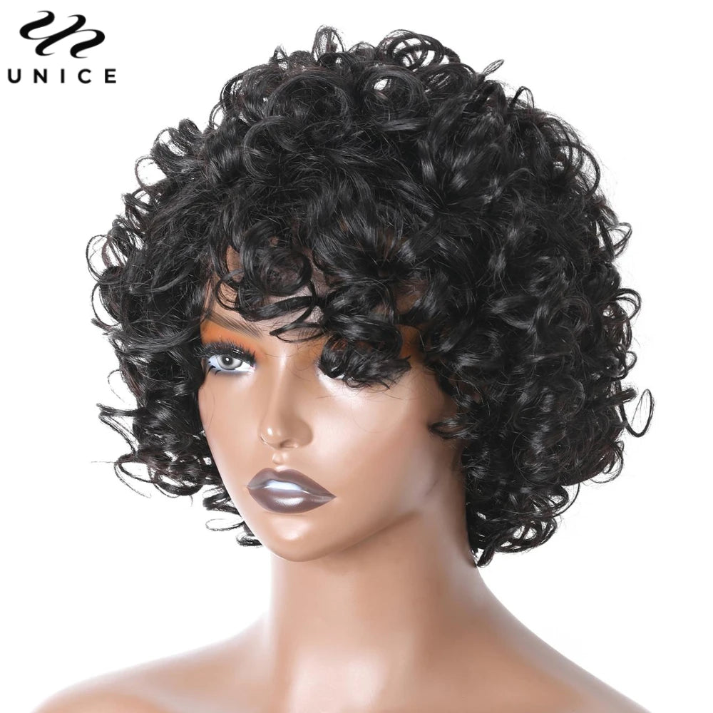 Unice Hair Curly Human Hair Wigs Pixie Cut Bob Wig 10 Inch Full Machine Made Short Human Hair Wigs