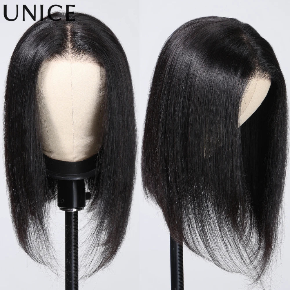 UNice 4x4 Lace Closure Bob Human Hair Wig With Side Swept Bangs & Bye Bye Knots 7x5 Lace Pre Cut Pre Bleached Glueless Wig