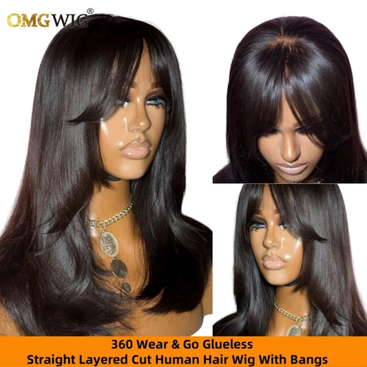 Straight Layered Cut 360 Glueless Lace Human Hair Wig With Invisible Straps 5x7 Ready To Go Straight Style Wig With Bangs Remy