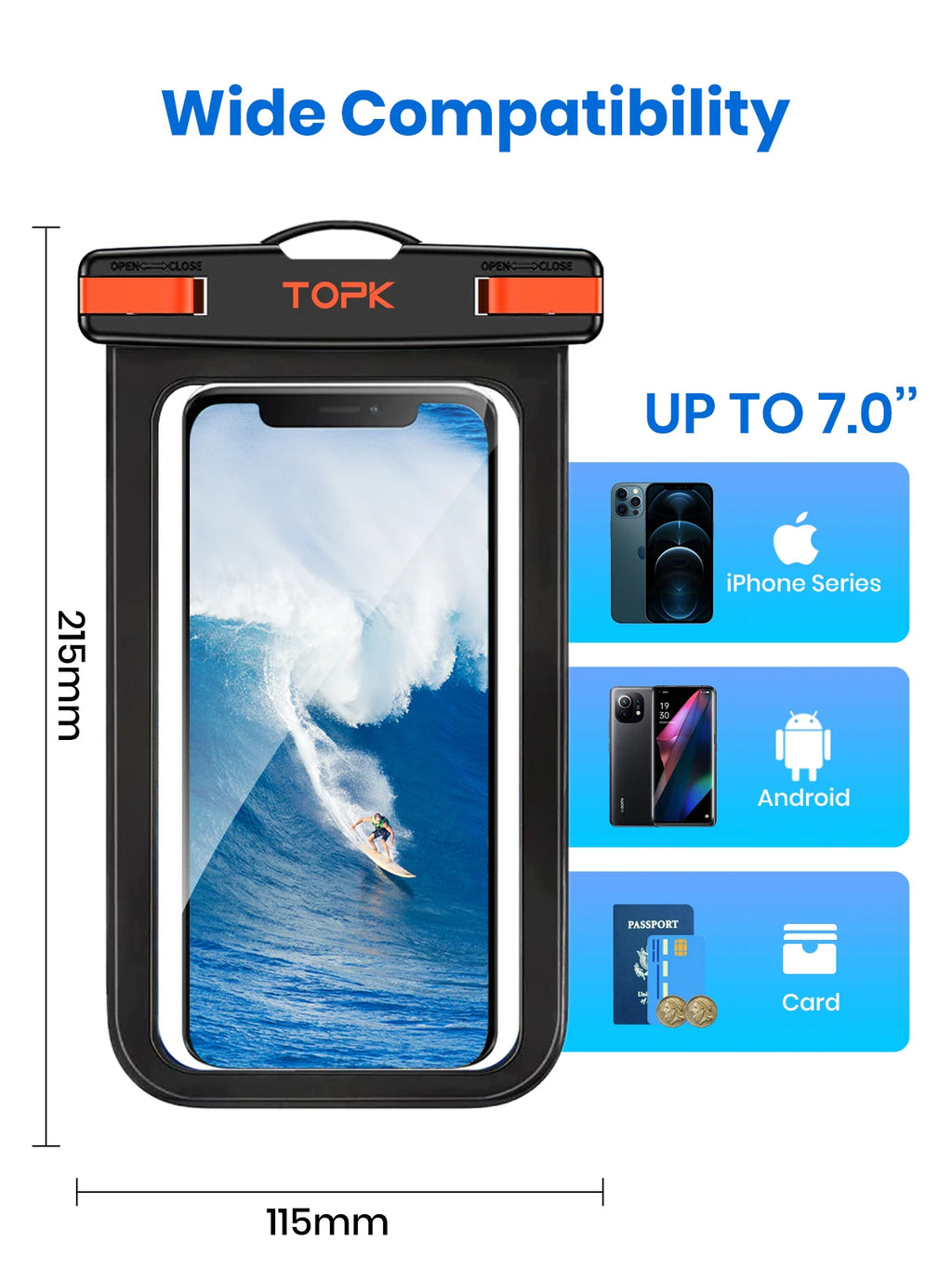 TOPK Waterproof Phone Pouch Case[2 Pack]IPX8 Waterproof Phone Case for Swimming Dry Bag with Clip Strap for iPhone 15 Up to 7”