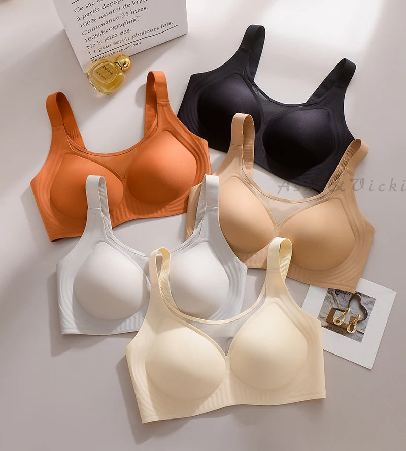 Plus Size Jelly Gum Full Cover Semi Fixed Large Cup Lace Underwear Anti Glare Mesh Woman Bra Comfortable  Gathering